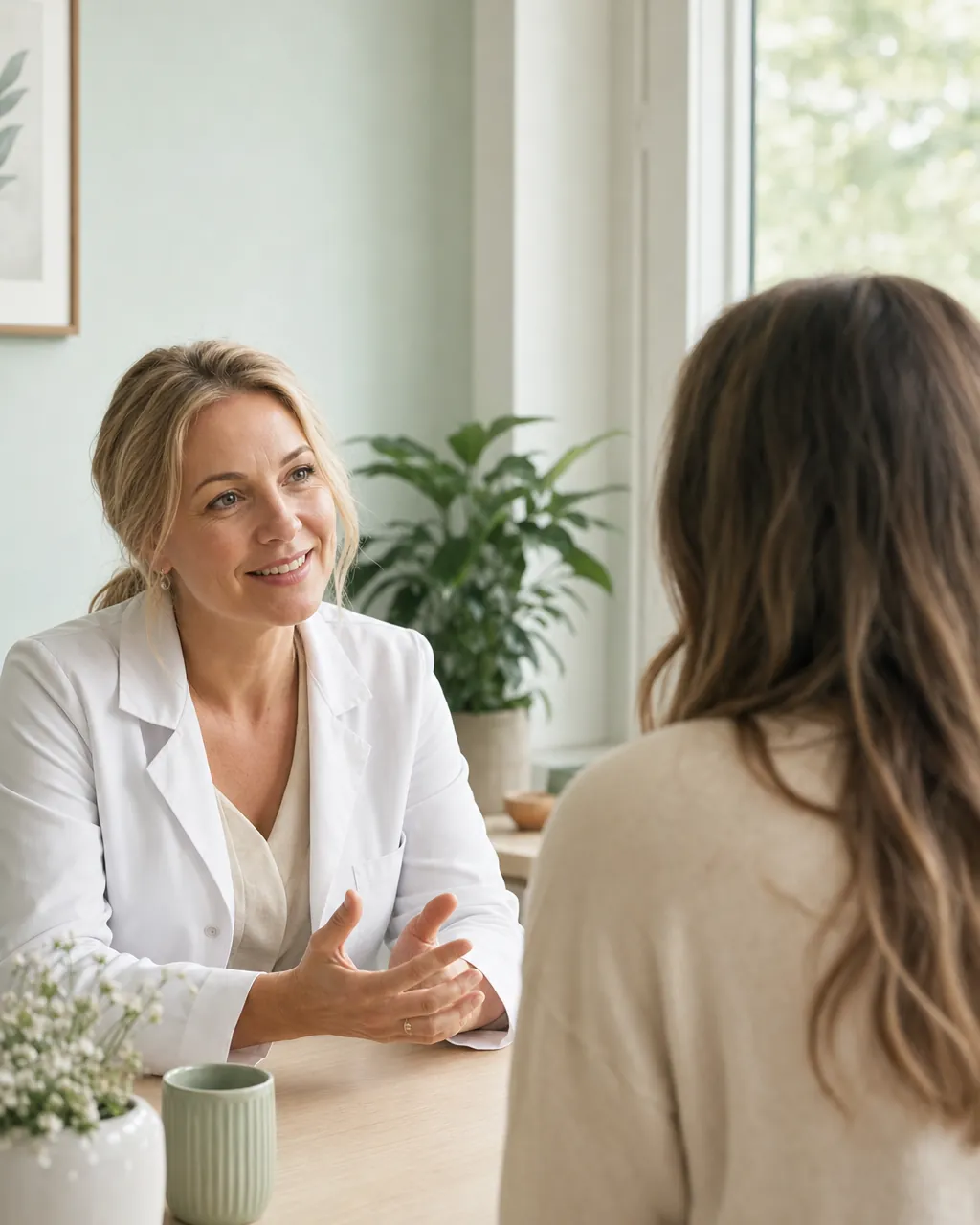 A clinician talking with a patient in a fertility clinic