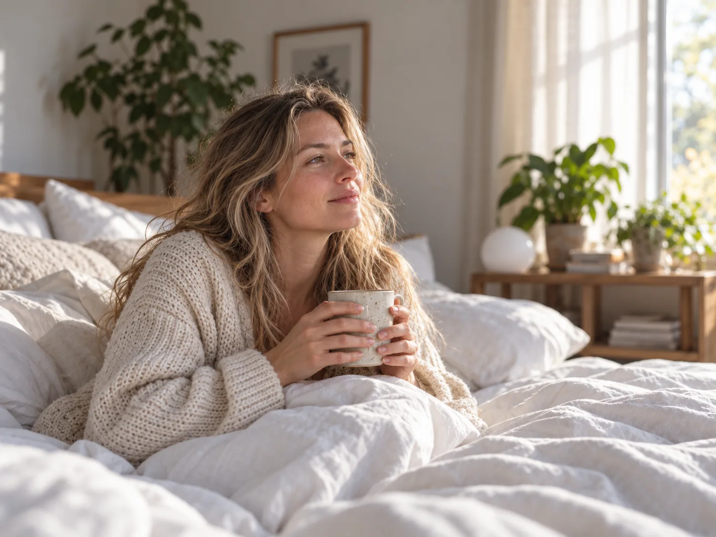 A woman relaxing in bed with a cup of tea in the morning light